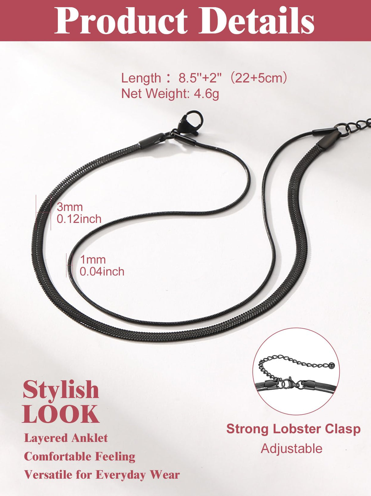 FOCALOOK Ankle Bracelets for Women, Waterproof Black Anklets Trendy Layered 3mm Flat Snake Chain & 1mm Round Snake Chain for Large Ankle Summer Beach