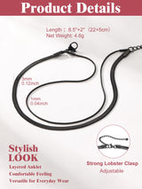 FOCALOOK Ankle Bracelets for Women, Waterproof Black Anklets Trendy Layered 3mm Flat Snake Chain & 1mm Round Snake Chain for Large Ankle Summer Beach
