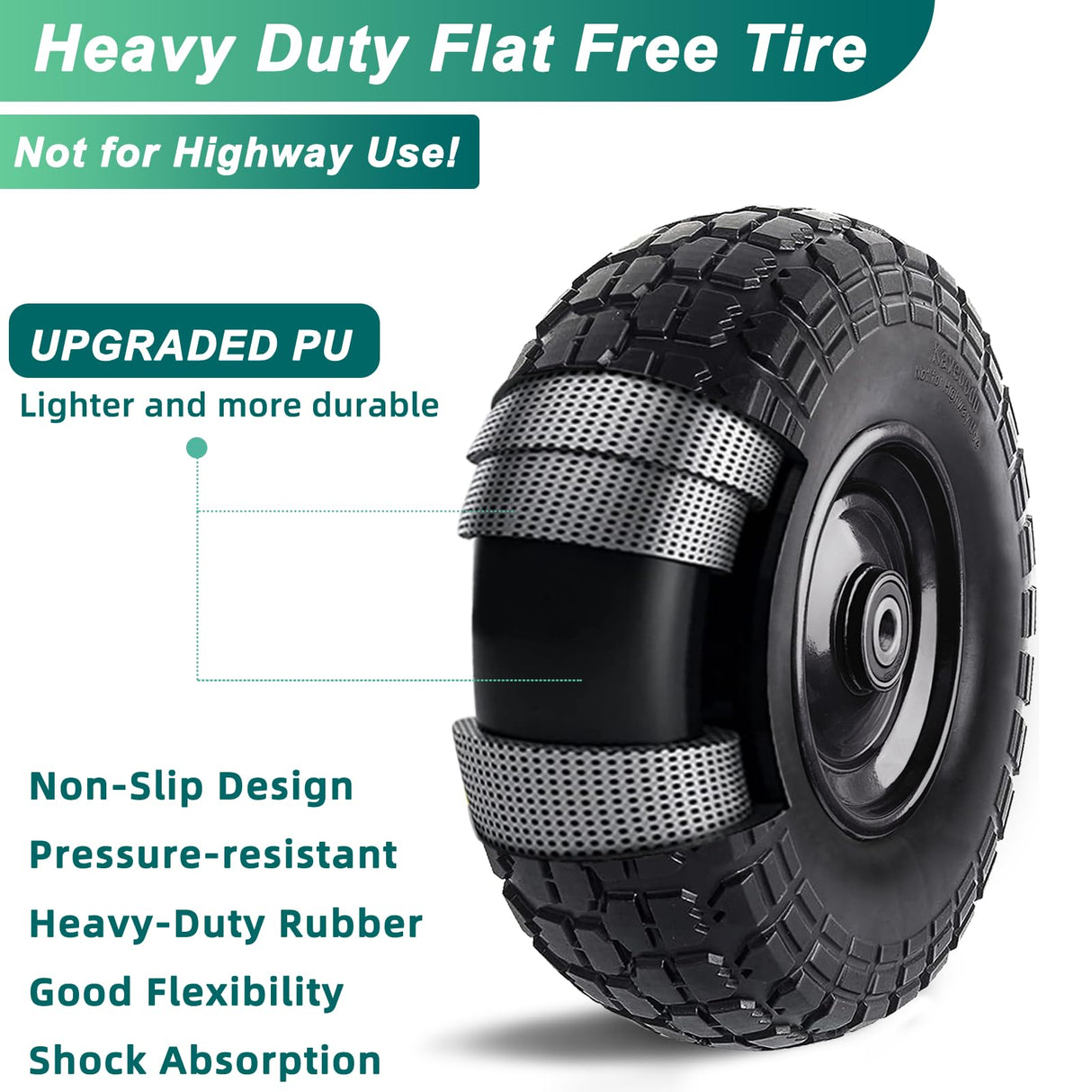 Kavedodu 12'' Flat Free Tires Rubber Replacement Solid Tire and Wheel Assemblies for Hand Trucks Garden Cart Wheelbarrow - 3.5”Wide Polyurethane Tires 2.1 Hub with 5/8 Inch Axle Borehole (410/350-6)