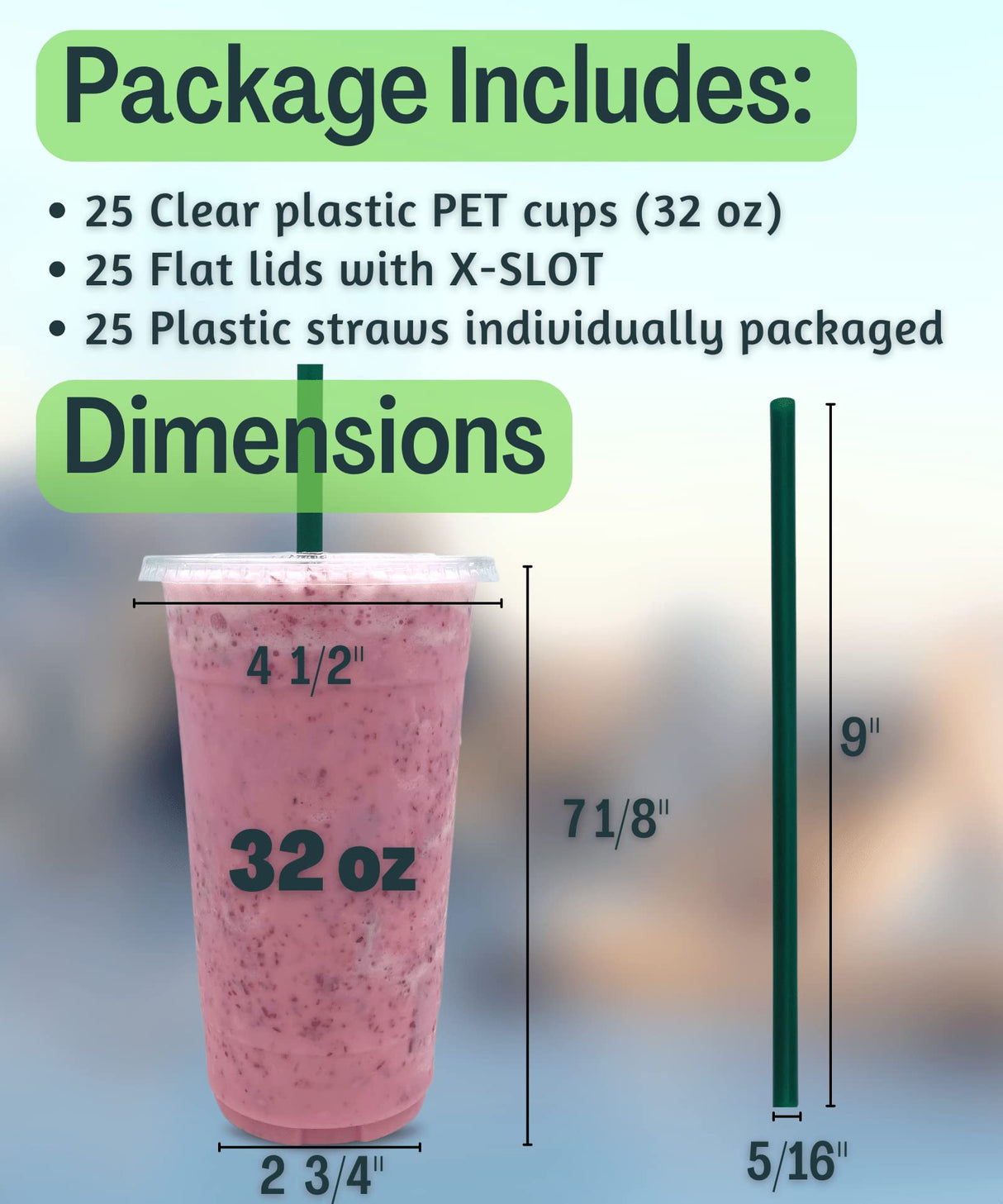 32 oz Clear Plastic Cups with Lids and STRAWS, Disposable Drinking Cups for Cold Drinks, Iced Coffee, Milkshakes, Smoothies, 25 Sets