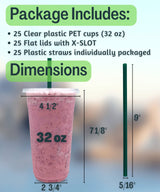 32 oz Clear Plastic Cups with Lids and STRAWS, Disposable Drinking Cups for Cold Drinks, Iced Coffee, Milkshakes, Smoothies, 25 Sets