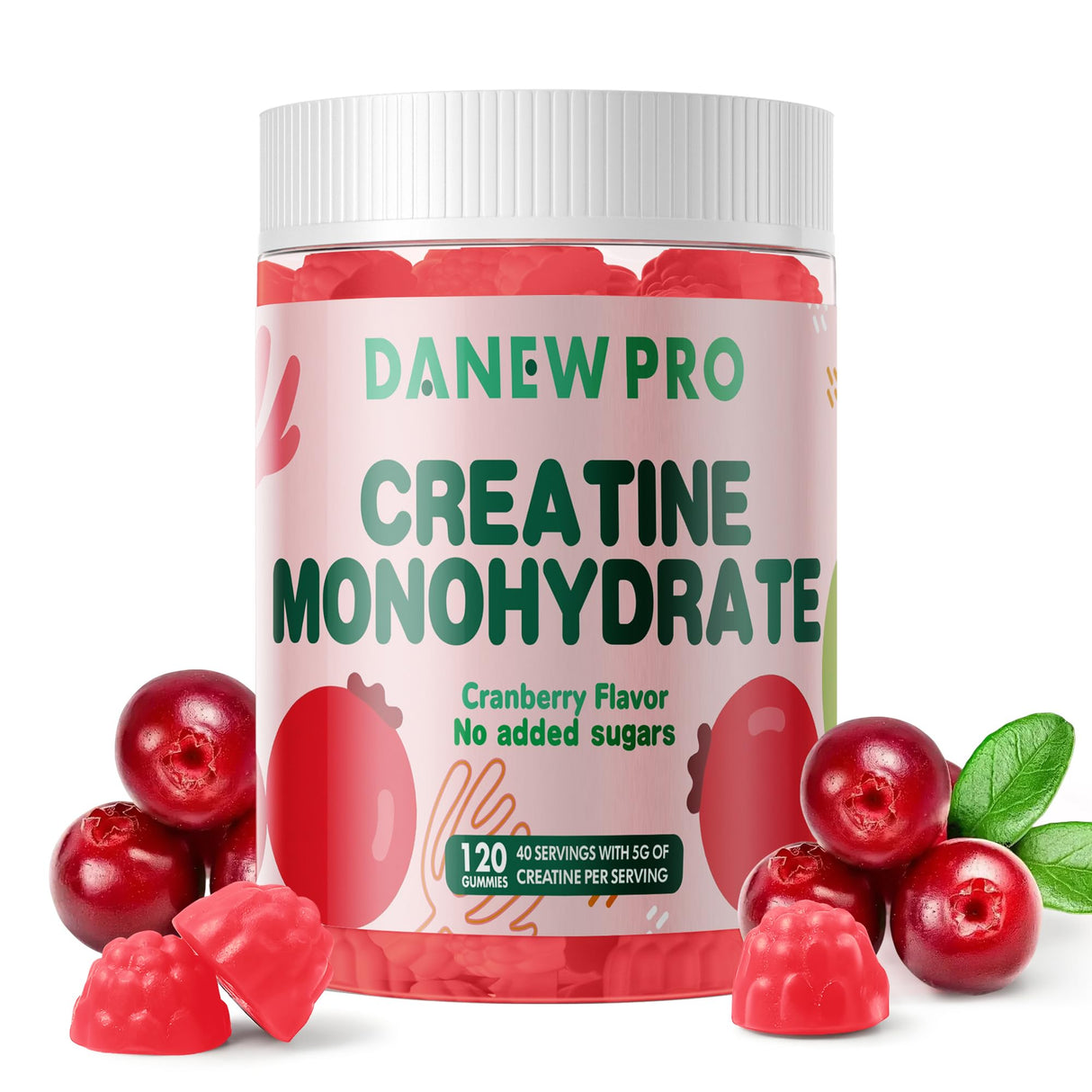 DANEW Pro Creatine Monohydrate Gummies 5000mg for Men & Women, Creatine Monohydrate for Muscle Strength, Muscle Builder, Energy Boost, Pre-Workout Supplement(120 Count)-Cranberry Flavor