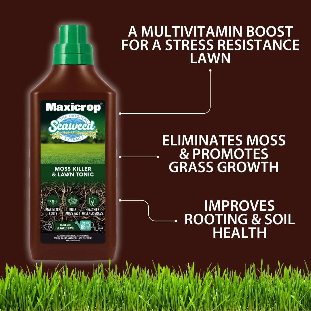 Maxicrop 86600258 Moss Killer & Lawn Tonic, 1L - Fast Acting 2-in-1 Moss Killer and Lawn Re-Growth Tonic - with Natural Seaweed Extract - Improves Lawn Health and Strong Rooting - Garden Care