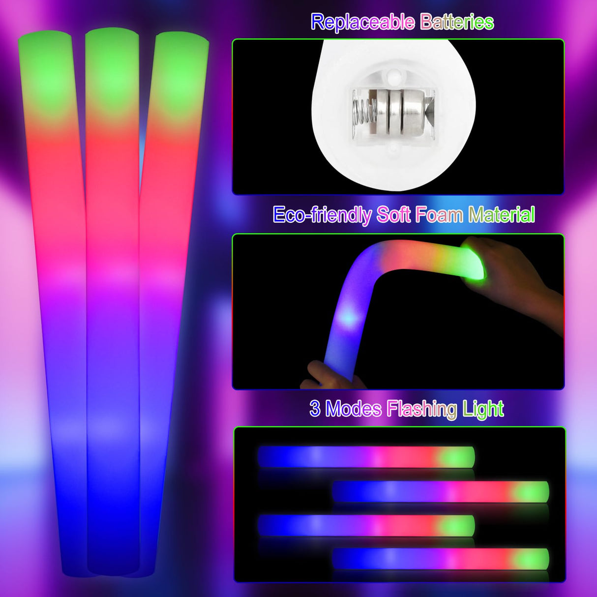 Taotuo Glow Stick Bulk 108PCS Led Foam Glow Sticks,Glow in The Dark Party Supplies with 3 Flashing Modes,Light up Foam Sticks for Wedding,Halloween, Christmas, Concerts, Birthday