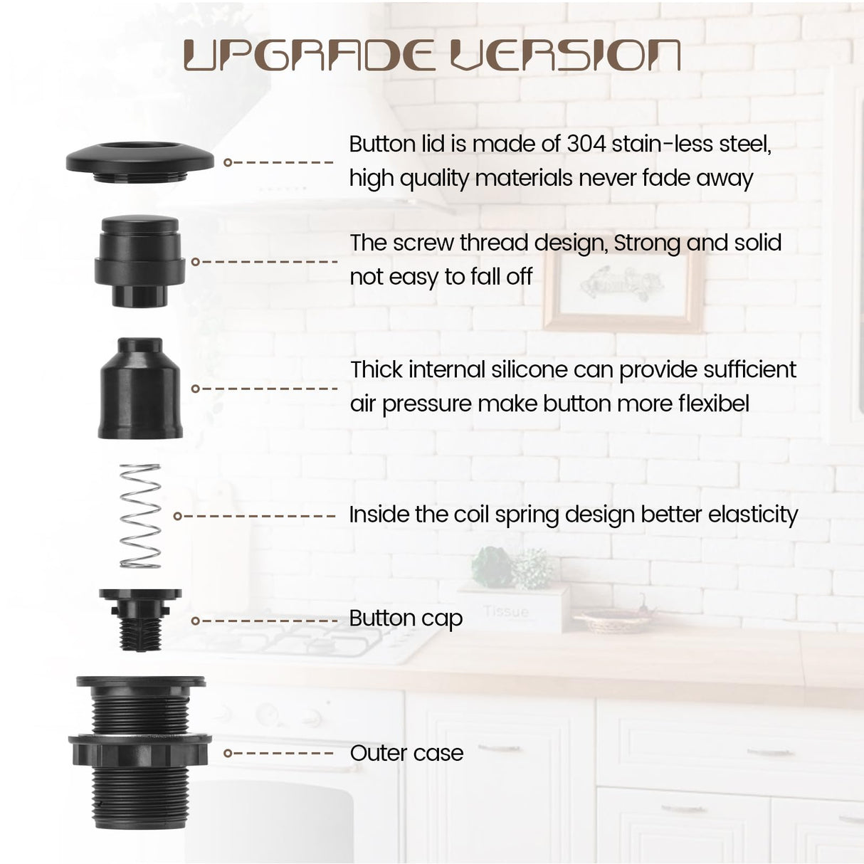 Garbage Disposal Air Switch Kit Sink Top Waste Disposal Long Stainless Steel Black On/Off Air Button Food and Waste Disposals Part by Etoolcity, UL Listed