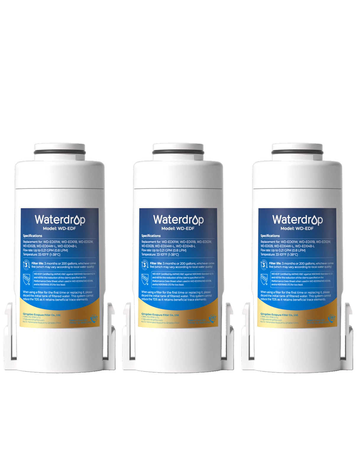 Waterdrop EDF Water Filter Replacement for Waterdrop ED01/ED02/ED04 Electric Water Filter Pitcher, 3 Months or 200 Gallons, NSF/ANSI 401&53&42&372, 3 Pack