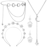 Glenmal 4 Pcs Celestial Jewelry Moon Star Necklace Headband,Silver