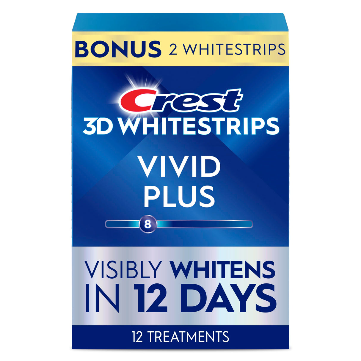 Crest 3D Whitestrips Vivid Plus, Teeth Whitening Strip Kit, 10 Treatments + 2 Bonus Treatments (Each with 1 Upper/1 Lower Strip), 24 Strips, 8 Levels Whiter, Teeth Whitening Kit