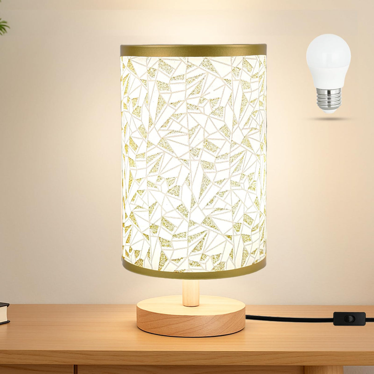 EZIYIN Desk Lamp LED Bulb Included, Small Bedside Table Lamp Plug-in - Classic Wood Base with Flaxen Fabric Shade, Lamps for Night Stands, Simple Nightstand Light for Bedroom, Office, Desk
