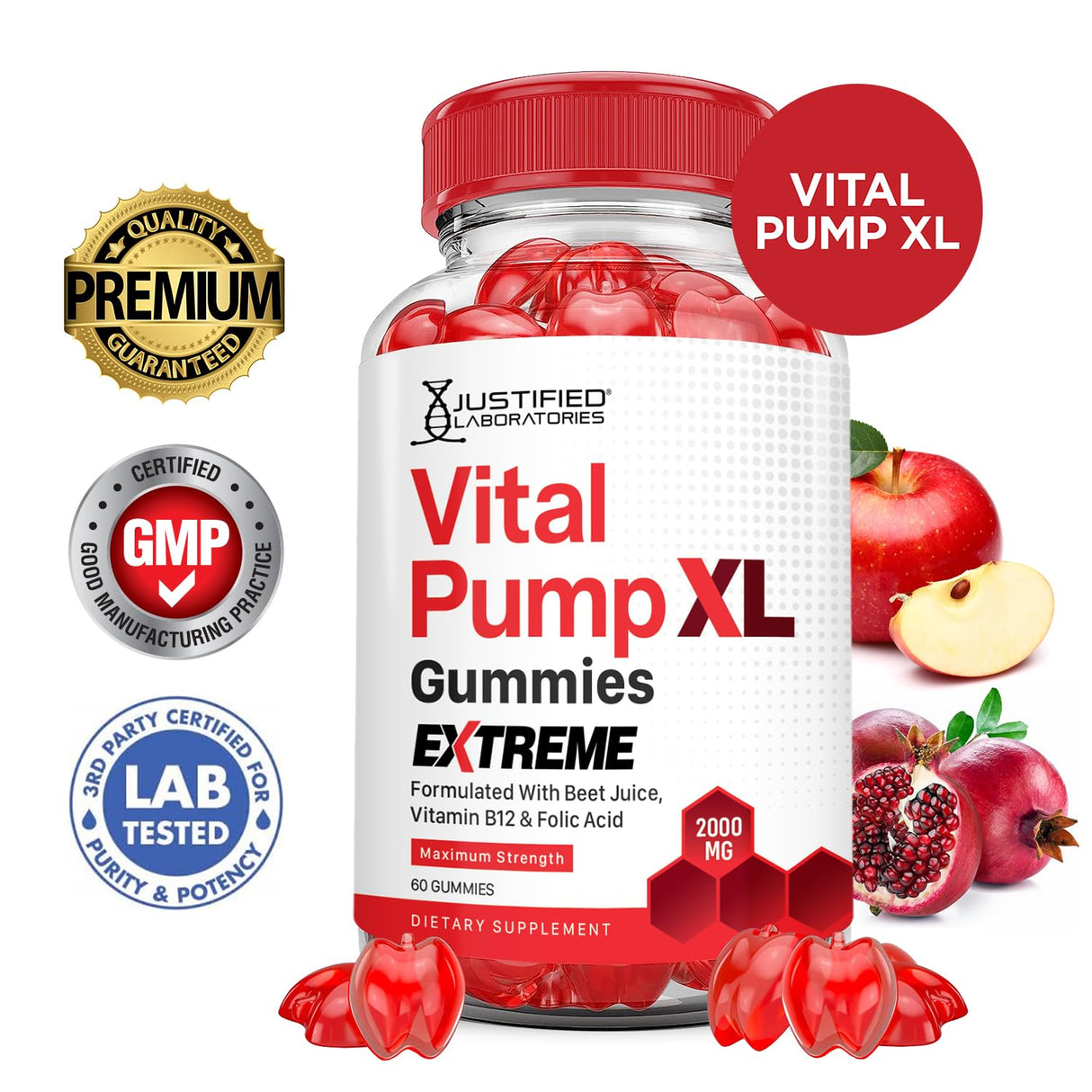 Justified Laboratories Vital Pump XL Extreme 2000MG Performance Gummies Vital PumpXL Advanced Formula Formulated with Beet Juice ACV Pomegranate Powder B12 Vegan Non GMO 60 Gummys