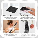 Safefine Authentic Real African Net Sponge Long, 100% Knitted, Stretch Length up to 170 cm, for Bathing, Exfoliating, Back Scrub for Smoother Skin, Ideal for Spa Massages, for Women and Men (Black)