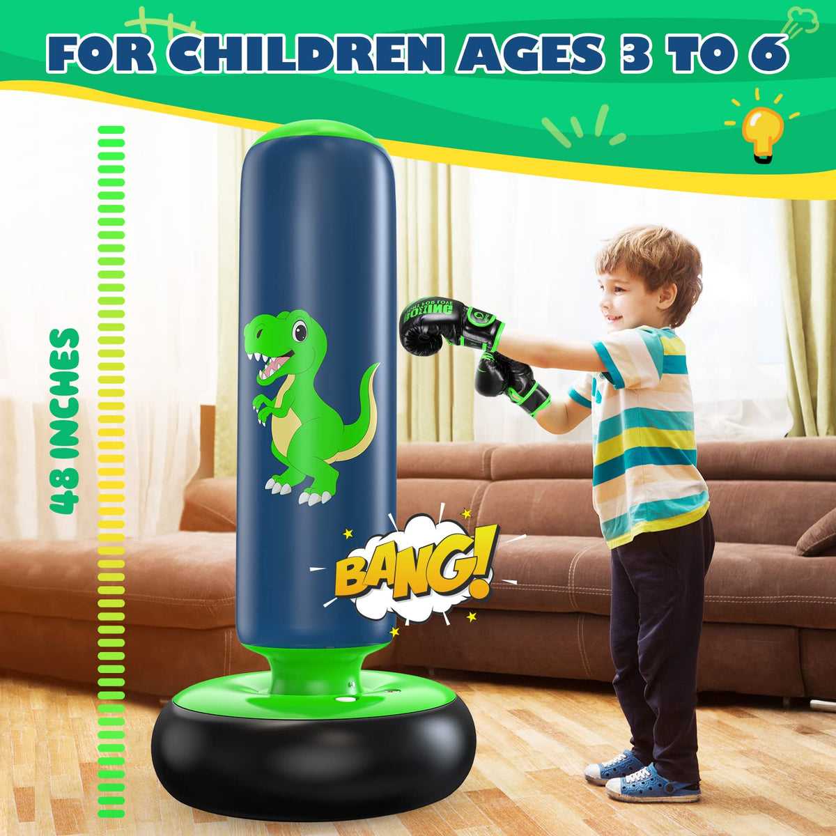 QPAU Punching Bag for Kids 3-6, Inflatable Dinosaur Toy, 48 in, Green