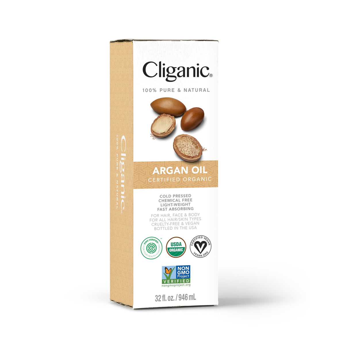 Cliganic Organic Argan Oil for Hair, Face & Skin (Bulk, 32oz with Pump) - 100% Pure, Cold Pressed