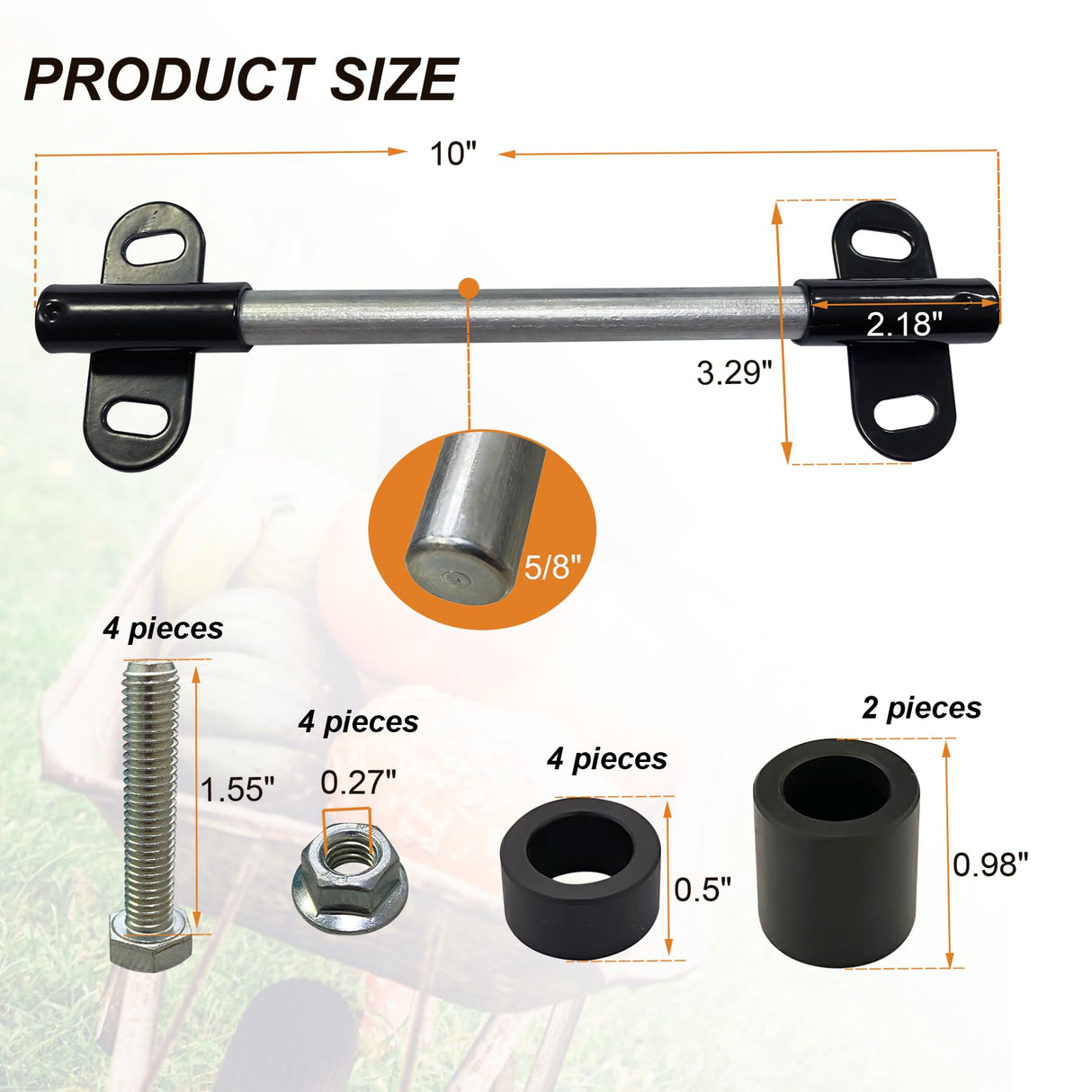 Wheelbarrow Axle Bracket Set, Compatible with 5/8" Hole Wheelbarrow Axles Heavy-Duty Wheelbarrows Spare Parts 10 inch Wheelbarrows axles and 3.3 x 2.1 inch Brackets, Bolts and Nuts and POM spacers