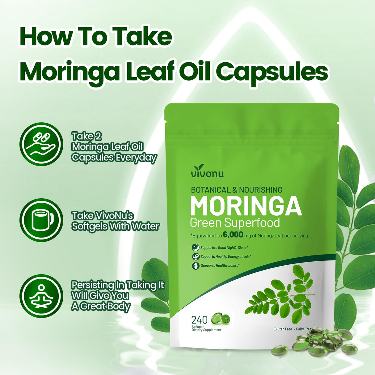 VivoNu Moringa Capsules | Pure Moringa Leaf Extracts, Energy, Skin & Gut Health Superfood, Rich in Antioxidants, Essential Vitamins & Amino Acids, Natural Green Superfood Supplement