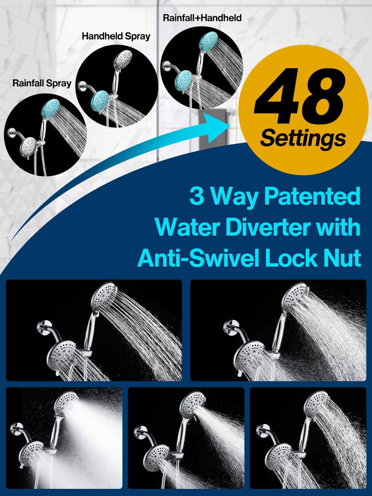 Cobbe 48-Setting High Pressure 3-Way Shower Head Combo, Hand Held Shower & Rain Shower Separately or Together, 4.7" Dual 2 in 1 Showerhead with Stainless Steel Hose - Chrome - U.S. Invention Patents