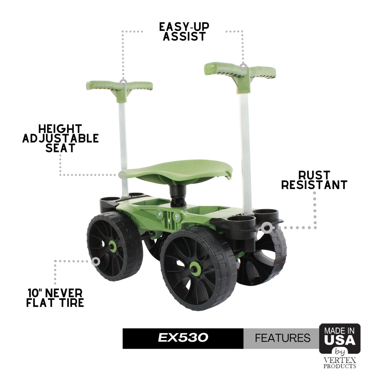 TheXceptional Wheelie Easy-Up | Wheeled Garden Stool with Handles Relieve Pain Getting Up and Down | Gardening Work-Seat with Wheels for Elderly Seniors | Made in USA by Vertex | Model EX530