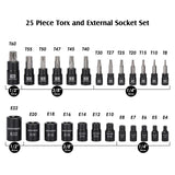 MIXPOWER 25 Piece Torx Bit and Socket Set, 13 Star Bits (T8- T60) & 12 E-Torx Sockets (E4-E22), Professional Grade Auto & Motorcycle Mechanic Set