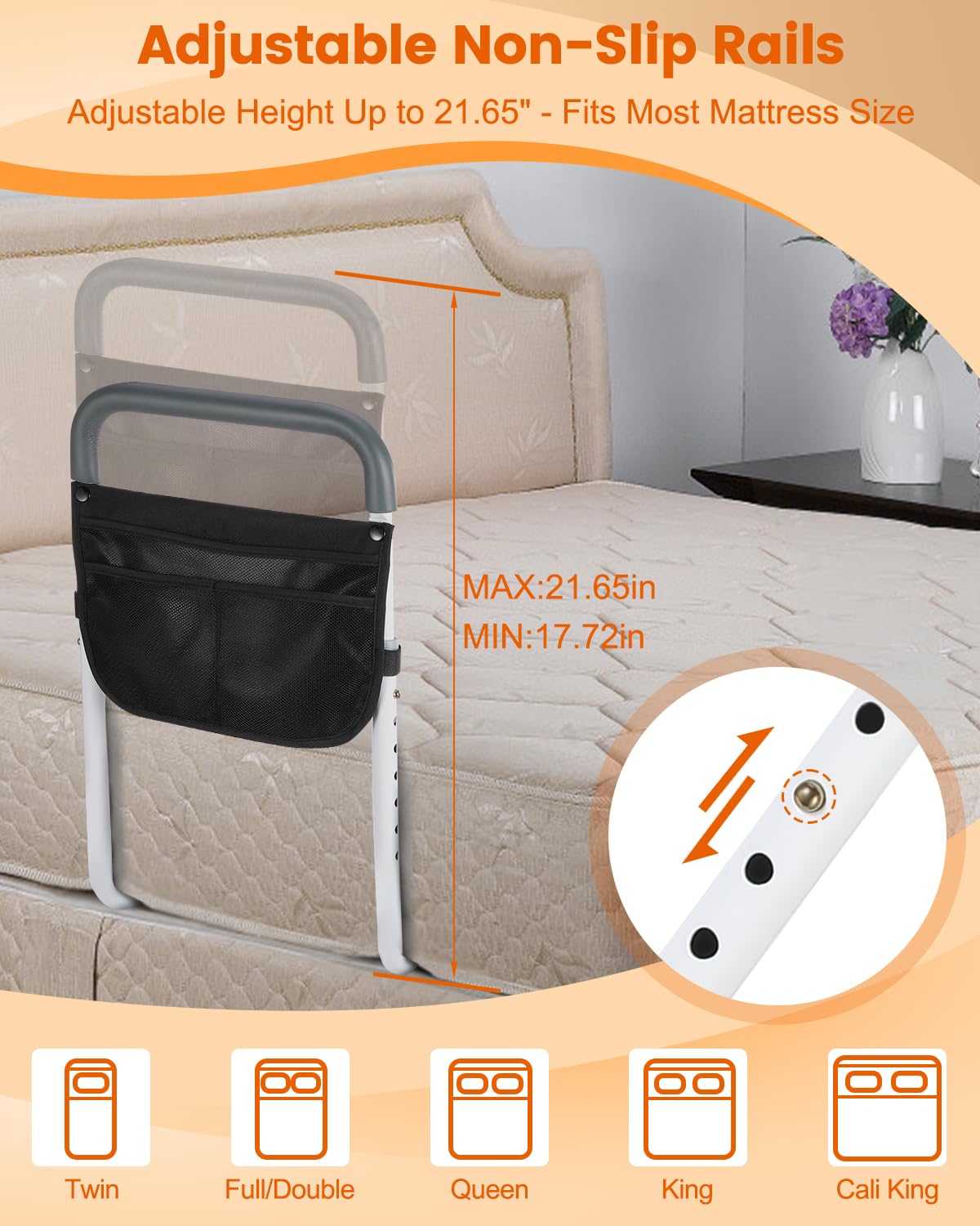 Bed Rails for Elderly Adults Safety - Adjustable Bed Assist Rail for Seniors - Stable Bed Side Rails Handle Support Bar Bed Guard Rails with Storage Bag & Fixing Strap, Fit King Queen Full Twin Bed