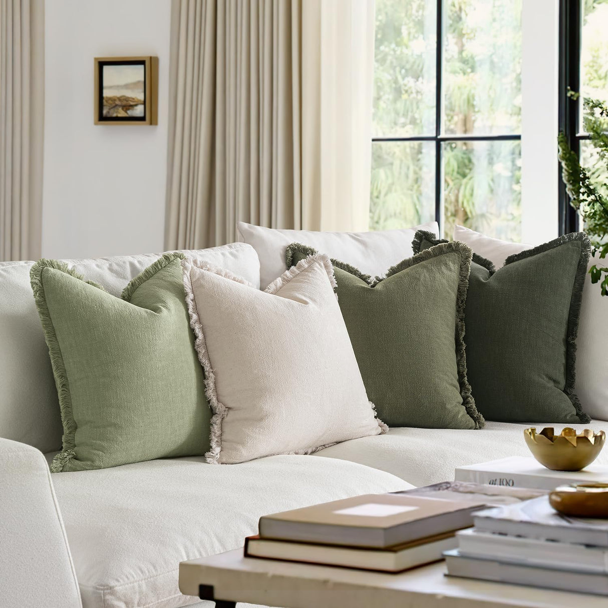 MIULEE Christmas Decorative Couch Pillow Covers Neutral Linen Fringe Throw Pillows Set of 4 Boho Farmhouse Accent Cushions for Bed Sofa Living Room Spring Home Decor 18x18 Inch Beige/Sage Green