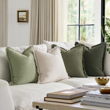 MIULEE Christmas Decorative Couch Pillow Covers Neutral Linen Fringe Throw Pillows Set of 4 Boho Farmhouse Accent Cushions for Bed Sofa Living Room Spring Home Decor 18x18 Inch Beige/Sage Green