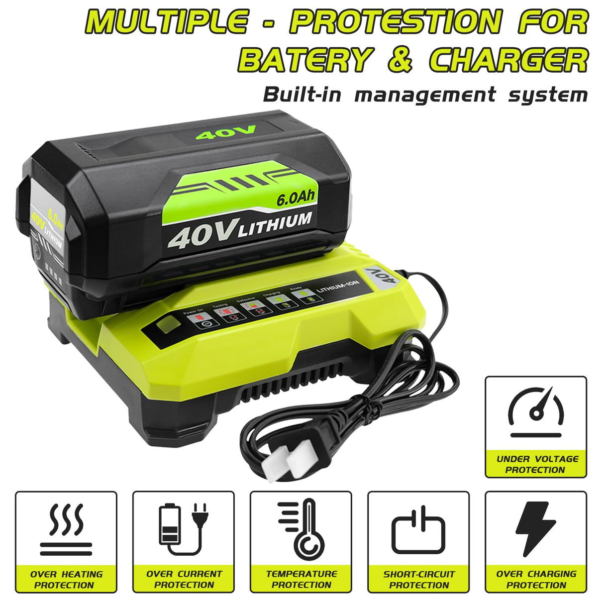 6000mAh High Capacity 40 Volt Replacement for Ryobi 40V Battery Compatible with Ryobi 40 Volt Lithium Battery OP4026A OP4015 OP4040 OP40201 OP4050A OP4015 OP40261 OP4030 OP40401 OP4060 Tools (Green)