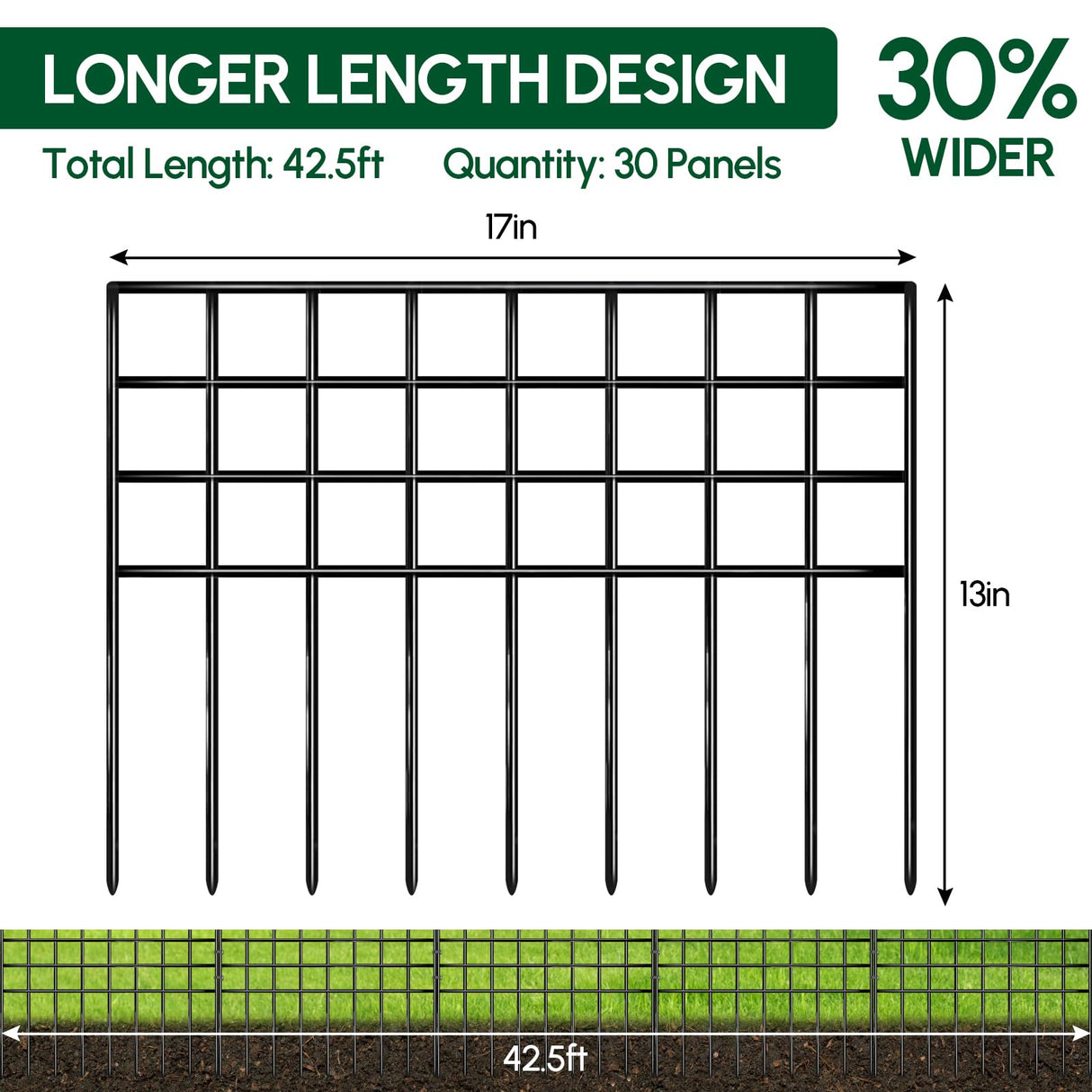 42.5ft(L) x 13in(H) Garden Fence Animal Barrier, 30 Panels No Dig Fence Panels for Dog Rabbit, Rustproof Metal Dig Defence Fencing Bottom Barrier, Anti Digging Garden Edging Border for Outdoor, Yard