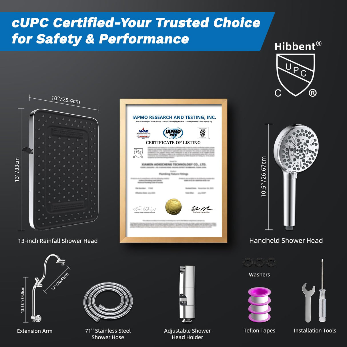 Hibbent cUPC Certified 13'' Shower Head Combo, High Pressure 5 Spray Rainfall Showerhead, 10 Spray Mode Handheld, All Metal Easy Reach 4-way Diverter Arm with Pause Mode, 71'' Hose and Holder, Chrome