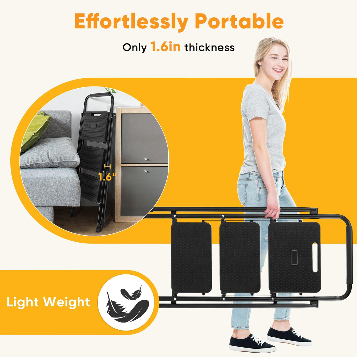 NEWBULIG 3 Step Ladder, Foldable Step Stool with Safety Lock, Lightweight Portable Steel Stool with Anti-Slip Rubber Feet,for Home Office Garage, Black