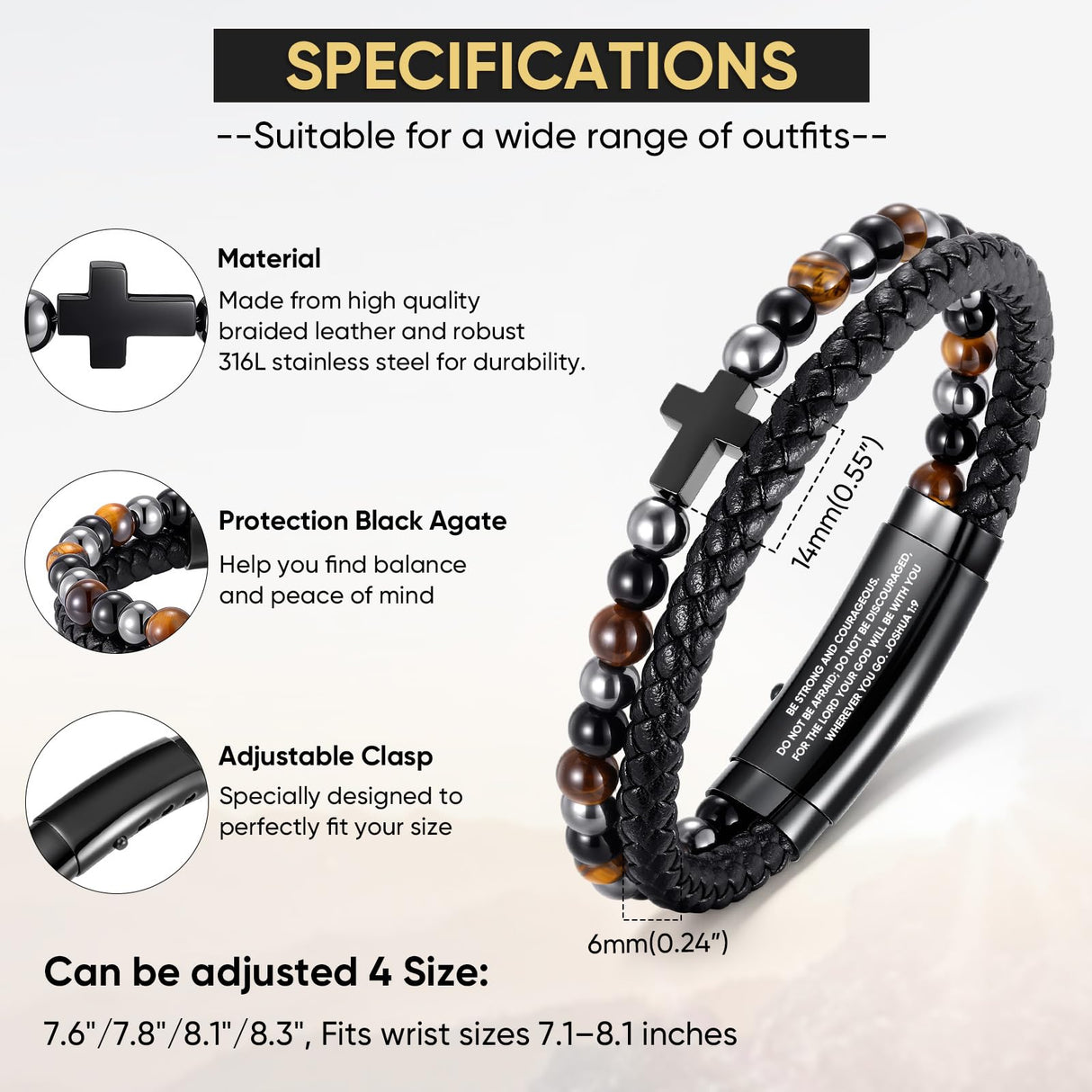 VNOX Hematite Obsidian Tiger Eye Bead Leather Men Bracelet,JOSHUA 1 9