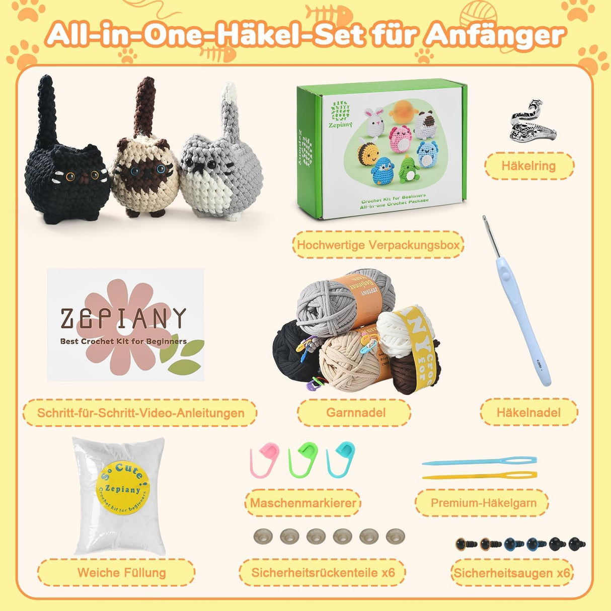 Crochet Kit for Beginners, Crochet Cat Beginner Crochet Kit for Adults, Amigurumi Crochet Animals Cat Crafts Crochet Kits, Easy Knitting Kit Christmas Gifts