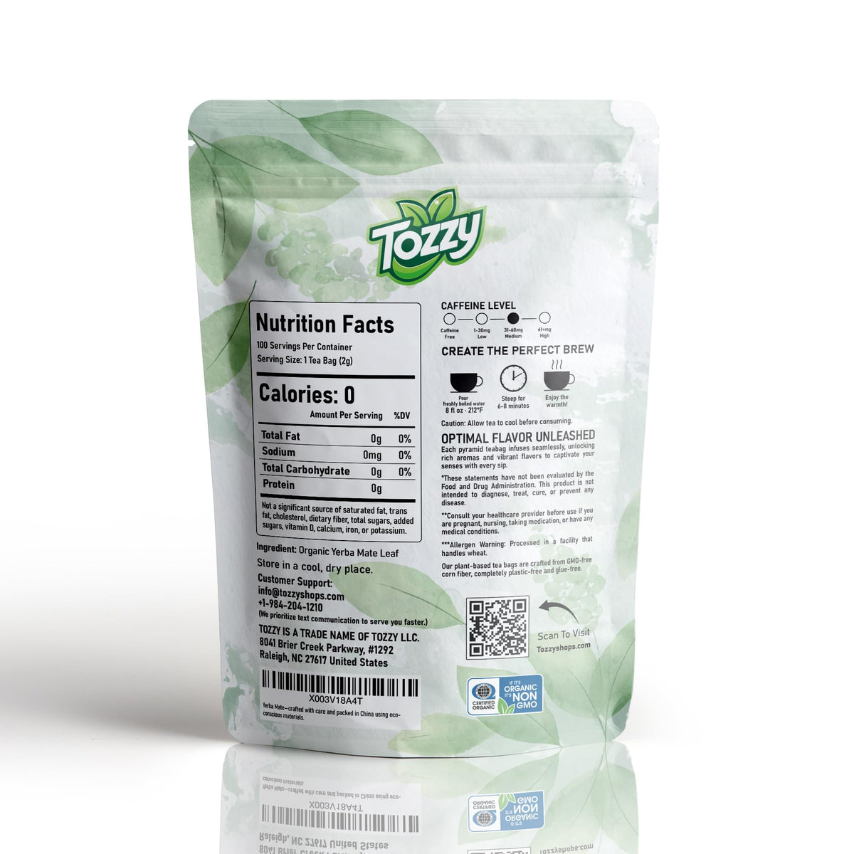 Tozzy Tea Tozzy Organic Unsmoked Yerba Mate Tea - 100 Count | Pyramid Tea Bags ...