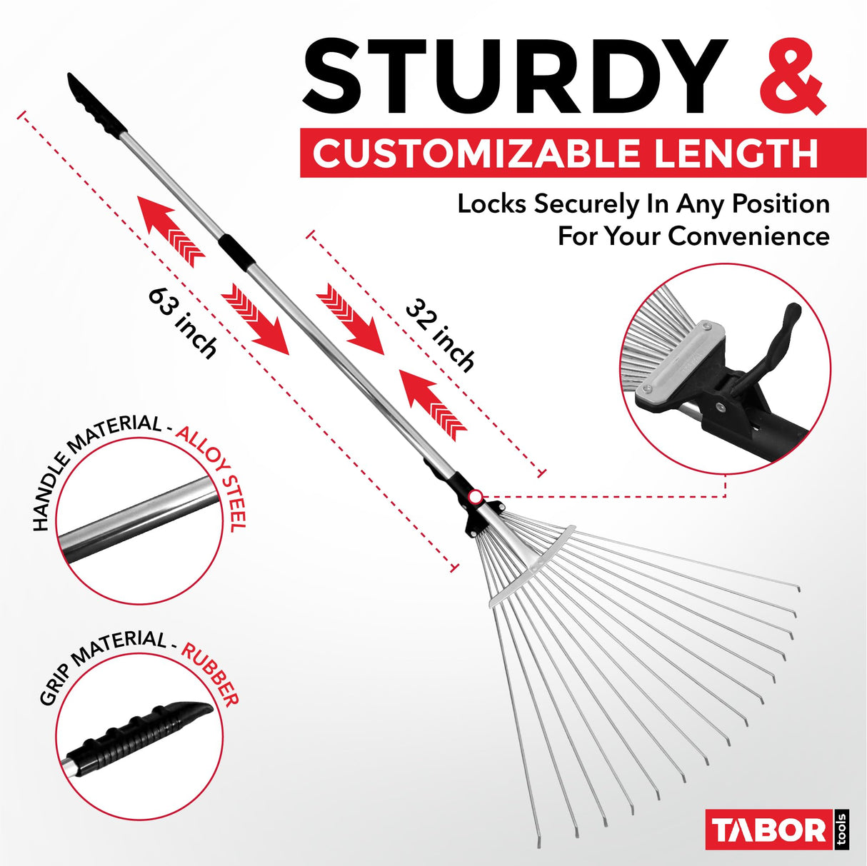 TABOR TOOLS J16A Adjustable Metal Rake with Expandable Head 8-23", Collapsible & Telescopic Leaf Rake for Lawns, Garden & Yard, Ideal for Leaves, Shrubs & Small Areas