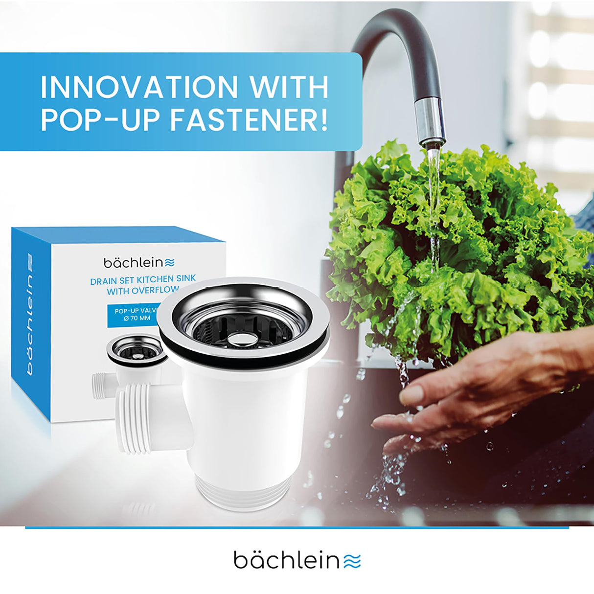 Bchlein Pop Up Drain Fitting with Overflow for the Sink, 70mm, Stainless Steel & Silicone, Kitchen Sink Drain