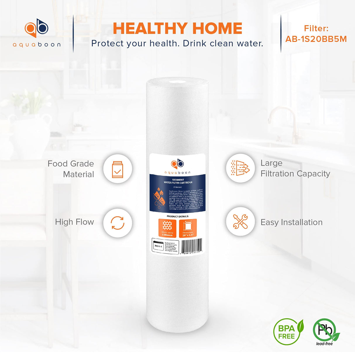 Aquaboon 5 Micron 20 x 4.5 Whole House Sediment Filter Cartridge 20 inch Water Filter Replacement Compatible with DGD-5005-20, FP25B, AP810-2, 2-Pack