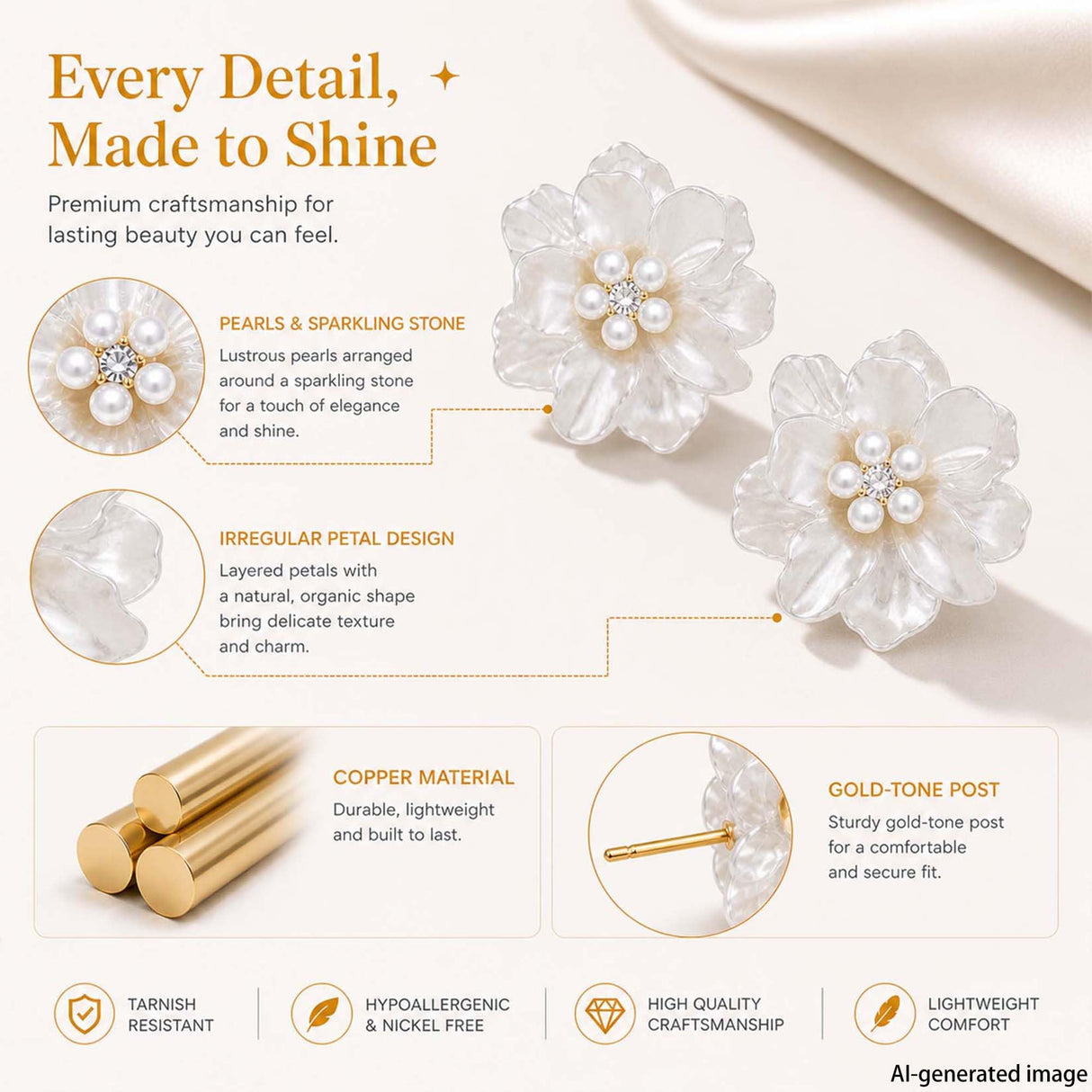 HETICA Camellia Pearl Stud Earrings for Women, White Floral Wedding Gift