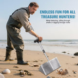 Sand Flea Rake for Beach - Detachable 47" Long Handle Sand Sifter Heavy Duty Stainless Steel Sand Scoop with 16" Width Basket Metal Detecting Tool with Anti Slip Handle for Collecting Shark Teeth