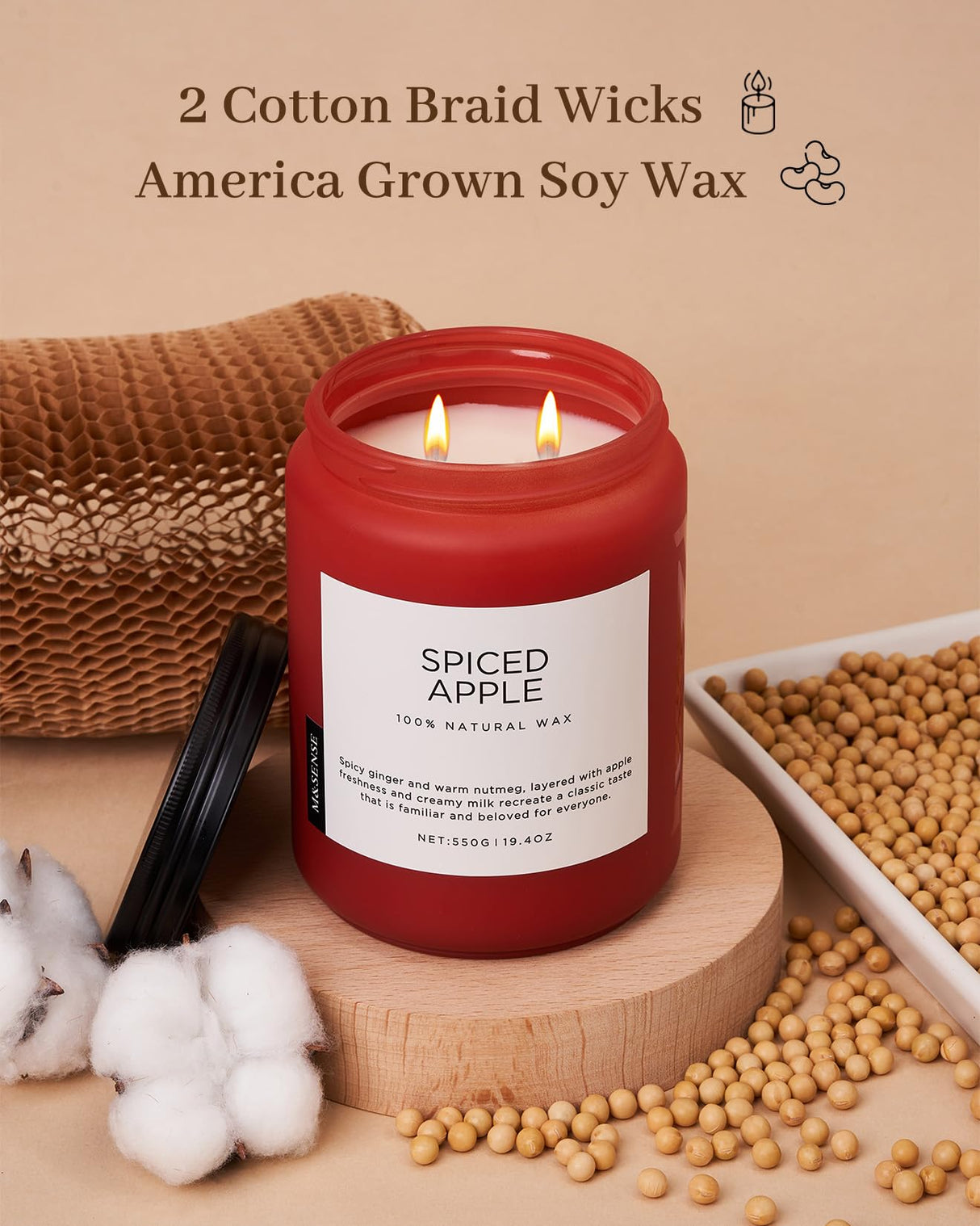 M&SENSE Spiced Apple Scented Candles for Home Natural Soy Wax 19.4oz 110 Hours Large Long Lasting Highly Scented Classic Christmas Holiday 2 Wicks Candle Gift Home Decor