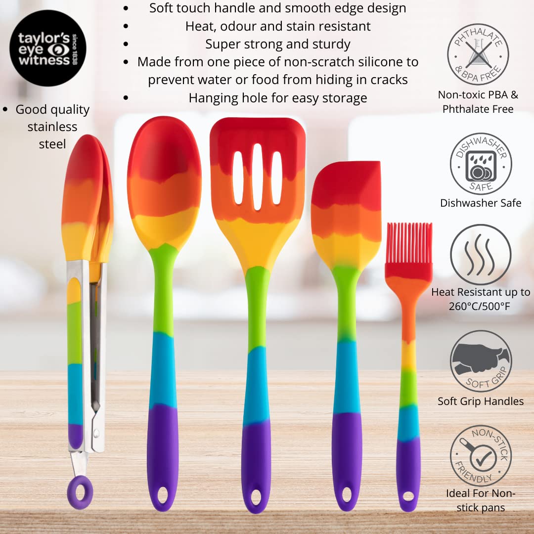 Taylors Eye Witness Rainbow Silicone Turner, Spoon, Spatula, Tongs and Brush Set – Dishwasher Safe, Heat Resistant, 5 Piece Set