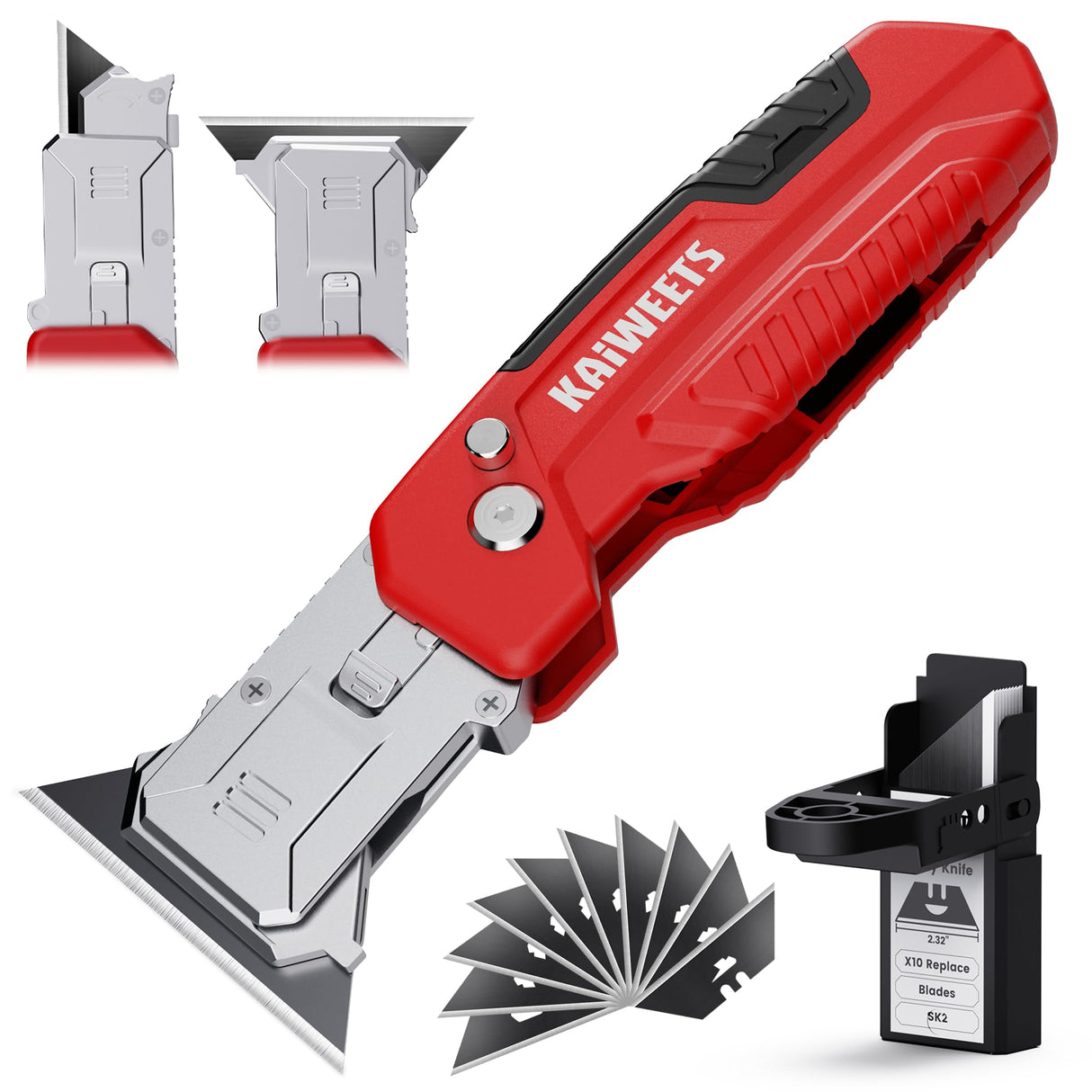 KAIWEETS Utility Knife Scraper, 2-in-1 Folding Box Cutter with Blade Storage, Heavy Duty Zinc Alloy Body, Retractable Design, 12pcs SK2 Black Blades replacement, EDC Tool for Home, Office, DIY– Red