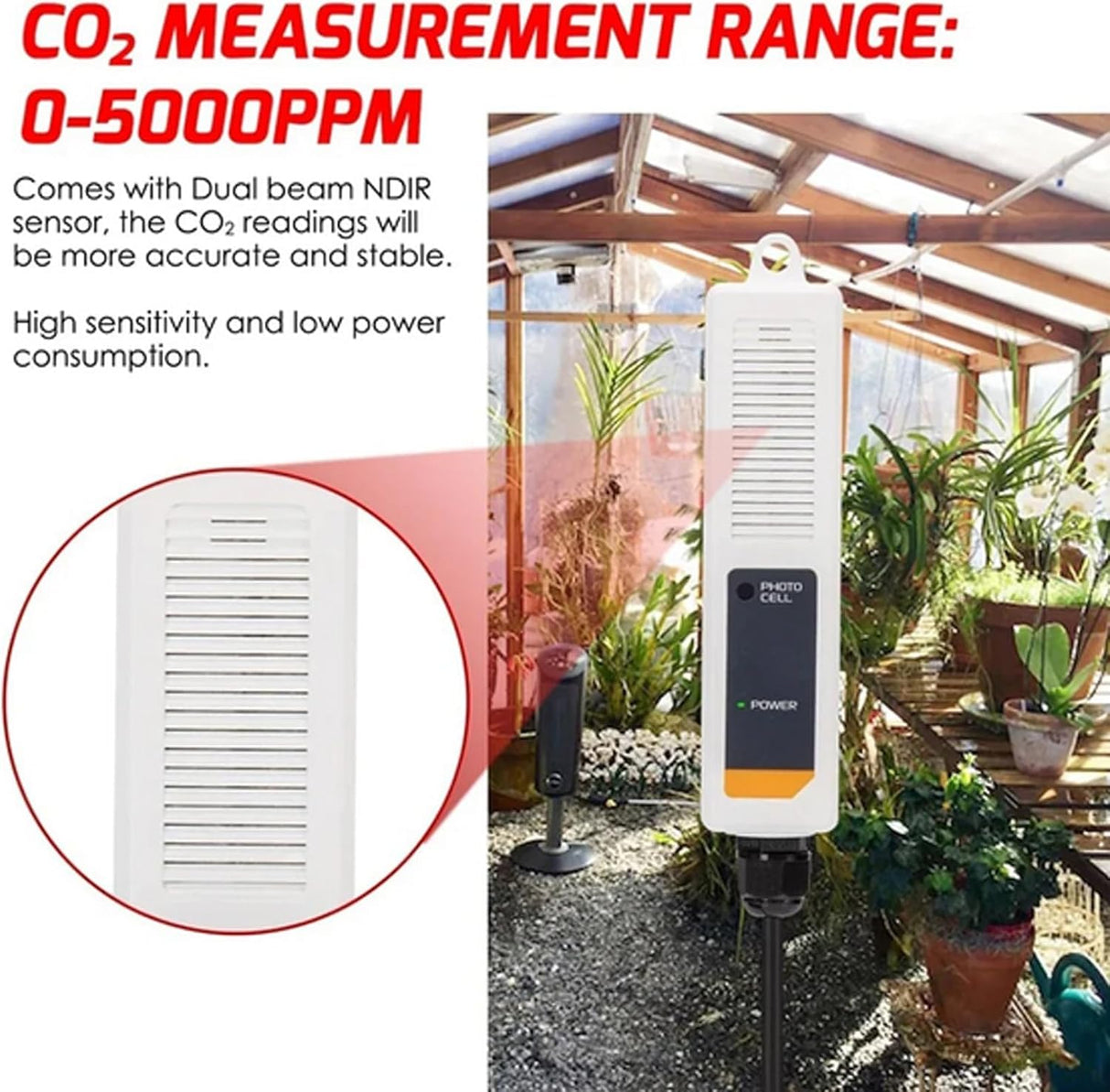 CO2 Carbon Dioxide Dual Beam NDIR Multi Gas Monitor Controller 0-5000PPM with 4.6 Meters Cable Day/Night Sensor for Greenhouses