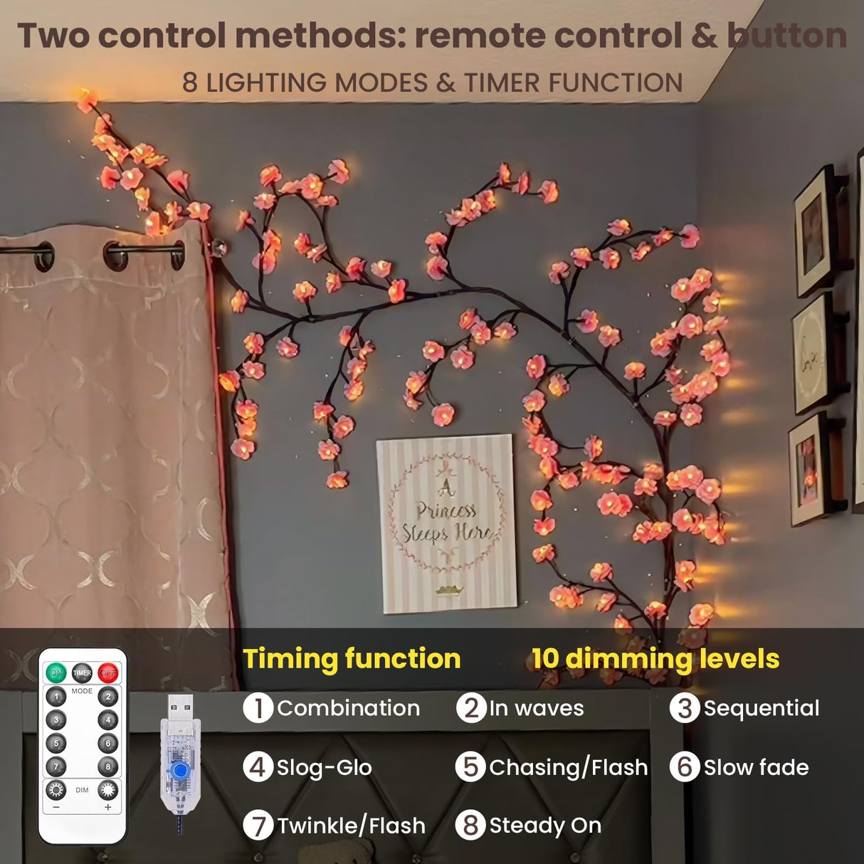 Cherry LED Tree Branch Lights for Wall, Cherry Blossom Willow Vine Twig Decor Garland with 72 LED Lights and Remote,8 Lighting Modes,Christmas Decorations Indoor for Home Wall Door Window (63inch)