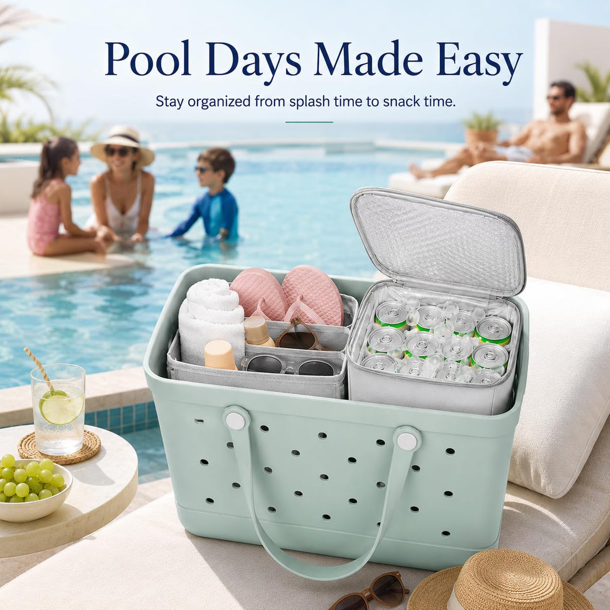 2-in-1 Cooler Organizer Insert Compatible with X Large Bogg Bag, No More Mess & Leaks, Beach & Pool Organizer for Travel & Picnic, Leak-Proof PEVA Insulated Cooler with Mesh Divider