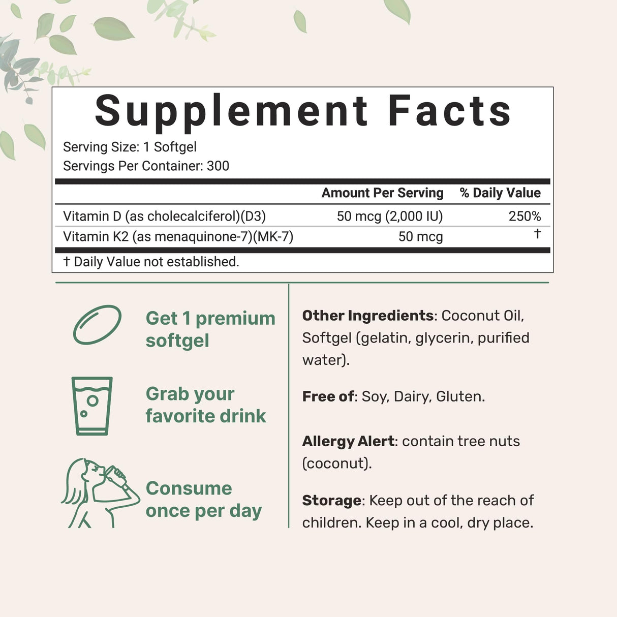 Micro Ingredients Vitamin D3 2,000 IU + K2 MK-7 50 mcg, 300 Softgels | Virgin Coconut Oil | 2-in-1 Bone, Immune & Heart Support | Easy to Swallow, Non-GMO