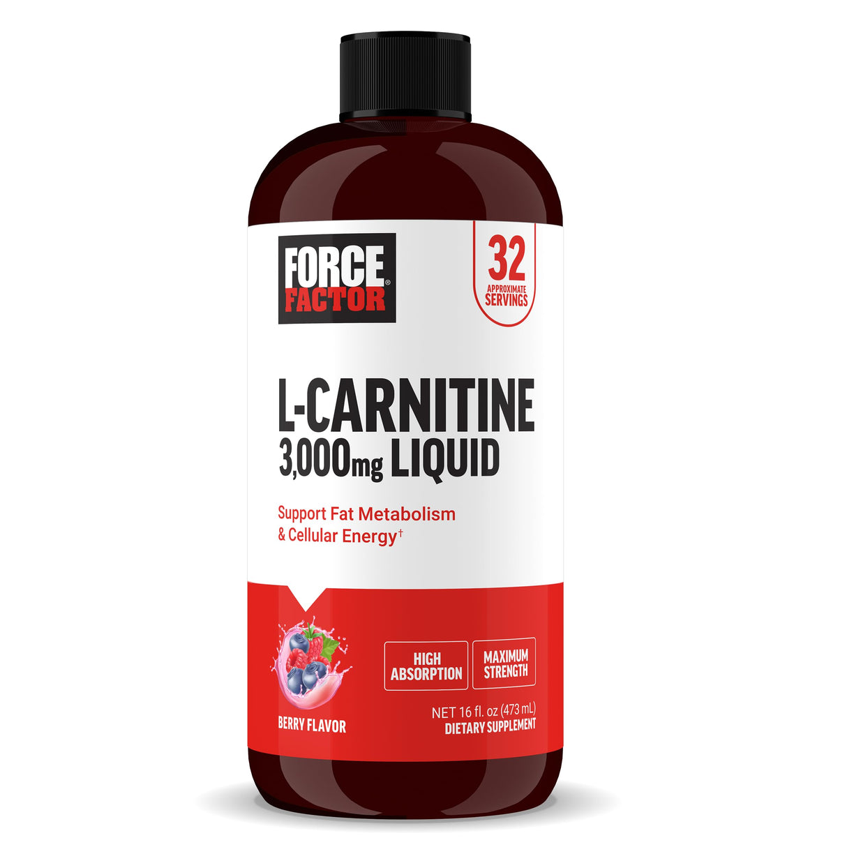 Force Factor L Carnitine Supplement, Liquid L-Carnitine 3000 mg to Help Turn Fat Into Energy, Support Muscle Recovery, and Boost Cellular Energy, Maximum Strength, Non-GMO, Berry Flavor, 16 Oz.