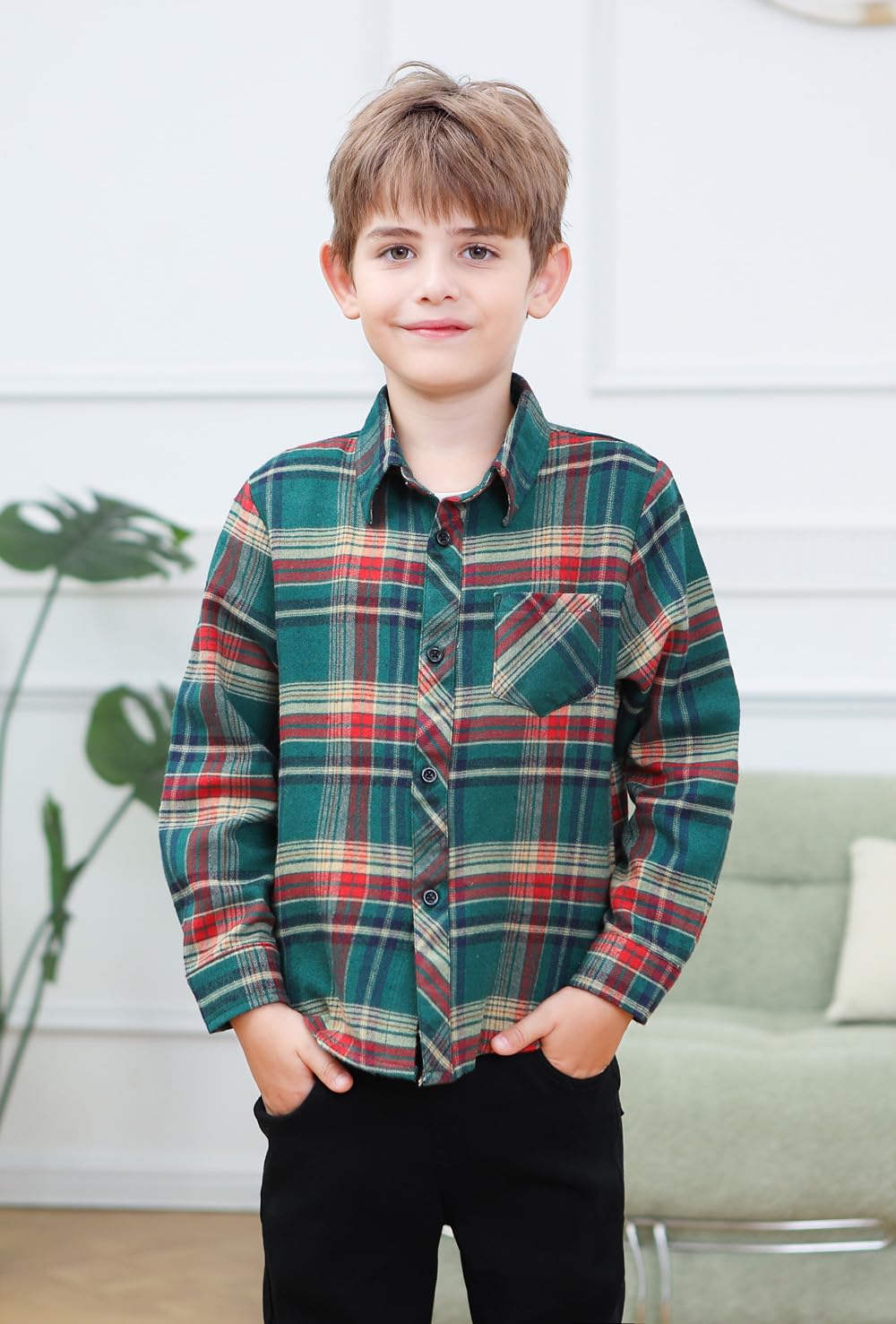 Cromoncent Kids Long Sleeve Button Down Flannel Cotton Plaid Shirt Tops for Boys,Christmas Green,5-6 Years = Tag 130