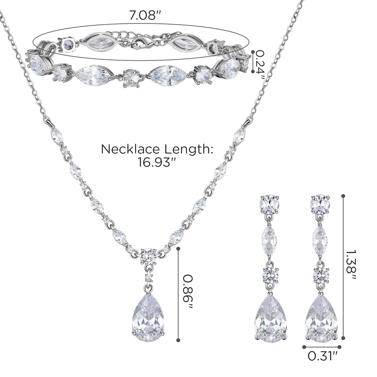 SWEETV Bridal Jewelry Set for Wedding, Cubic Zirconia Necklace Dangle Drop Earrings Bracelet Set, Teardrop Marquise Brides Bridesmaids Wedding Prom Anniversary Jewelry Gifts for Women