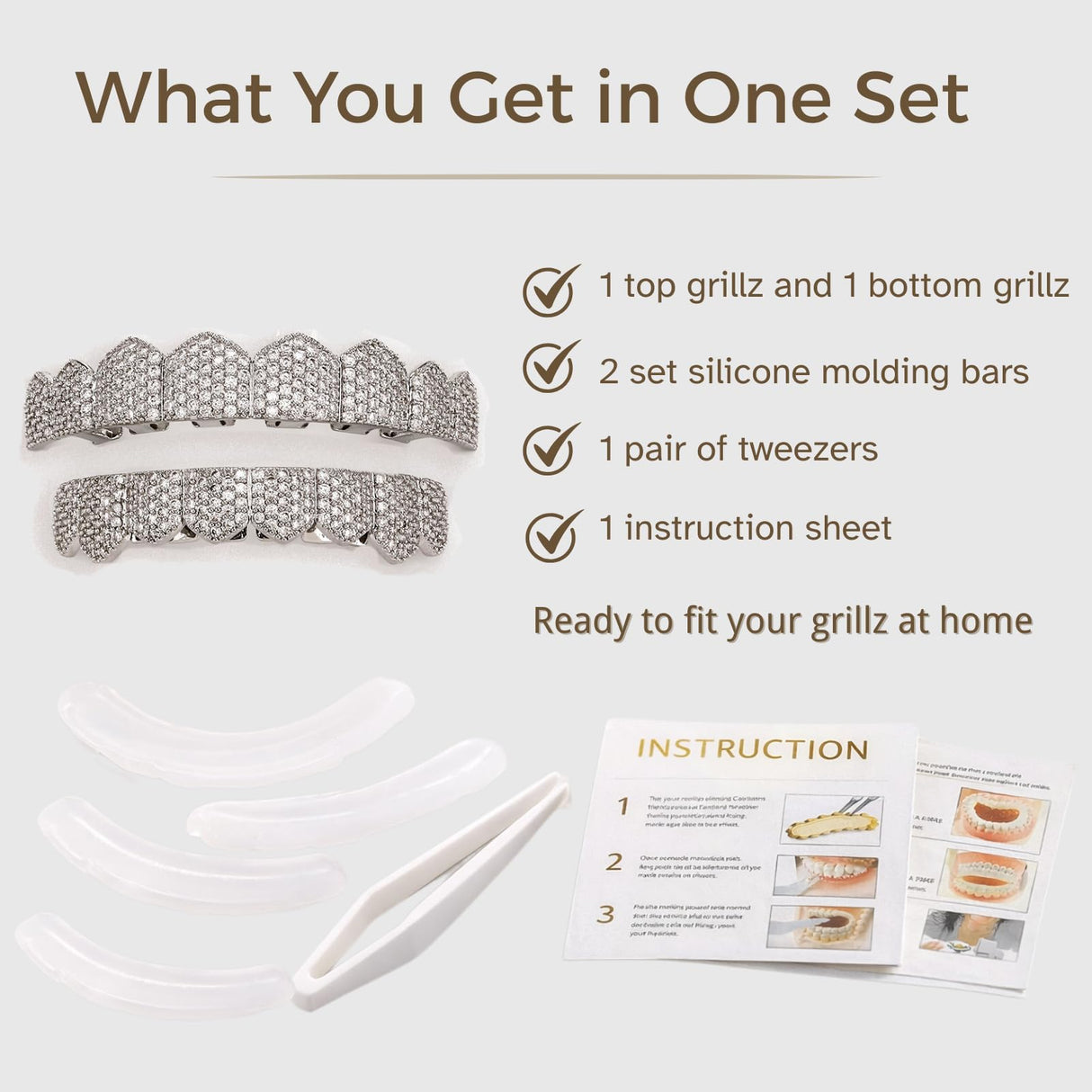 JINAO Grillz Teeth Men - Grills for Your Teeth 8 Top & Bottom Set, 18K Gold-Plated Brass Dental Grills with Molding Bars, Unisex Hip-Hop Rapper Costume Accessory(Iced Silvery Set)