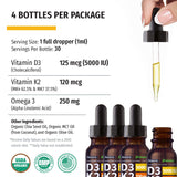 (4 Pack) Organic Vitamin D3 K2 Drops with MCT Oil Omega 3, 5000 IU - Maximum Strength Vitamin D Liquid, No Fillers, Non-GMO Liquid D3 for Faster Absorption and Immune Support, Unflavored, 4 Fl Oz