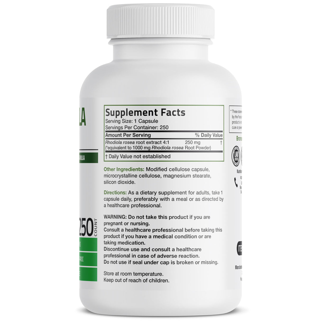 Bronson Rhodiola Rosea Vegetarian Capsules - Adaptogenic Herb - Brain, Stress & Mood Support - Non-GMO, 250 Count